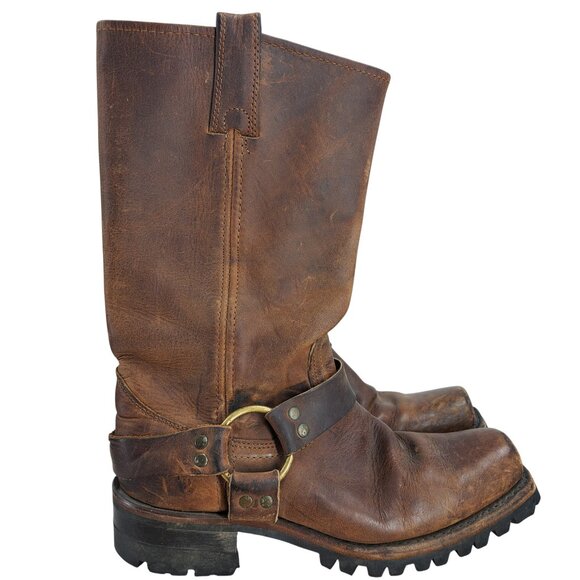 Frye Brown Leather Harness Pull On Moto Boots Size 8 Womens Heel Distressed - Picture 13 of 15